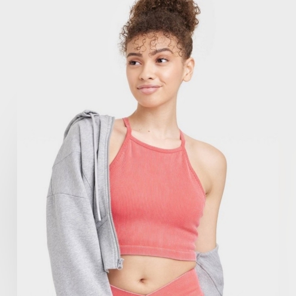 Women's JoyLab Ribbed Seamless High-Neck Bra Top, Pink Size Small